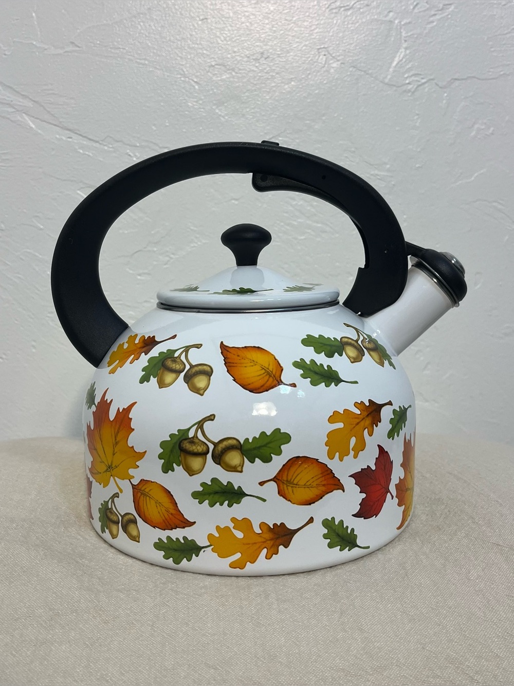 Temp-tations Harvest Enamel Steel Tea Kettle 2.3 Qt Whistling Fall Decor Leaves